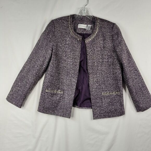 10 ALFRED DUNNER Boss Babe purple metallic chain link trim tweed blazer jacket L - Picture 8 of 8